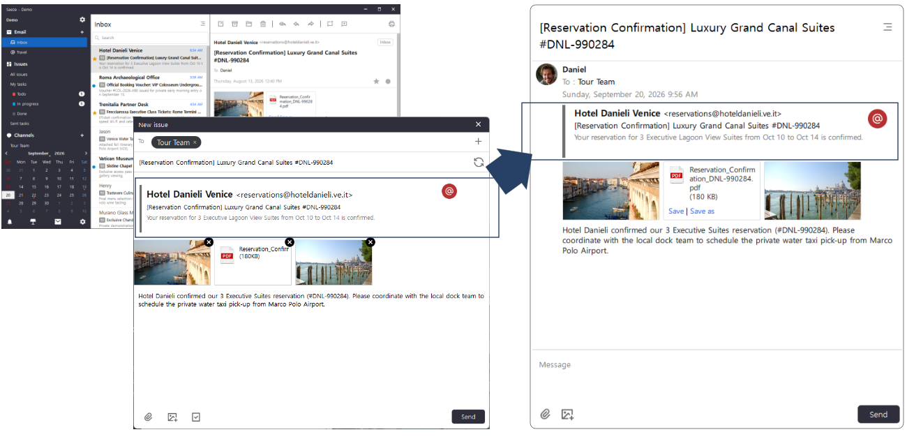 The Issue composer opening inside the email client with the selected email already quoted, its attachments carried across, and the recipient chosen — and the resulting Issue Thread beside it