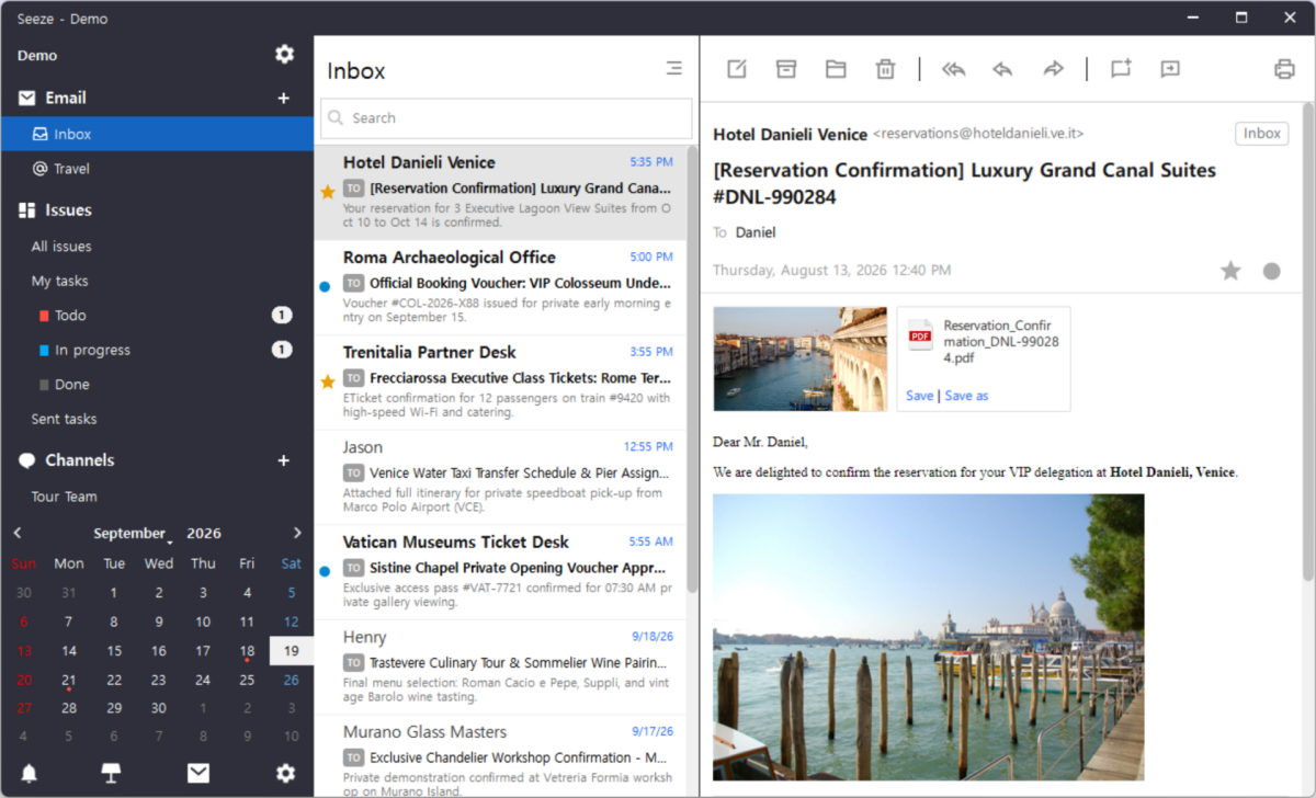 Seeze email client showing the folder and Issue sidebar, the inbox message list, and the full message view with attachments