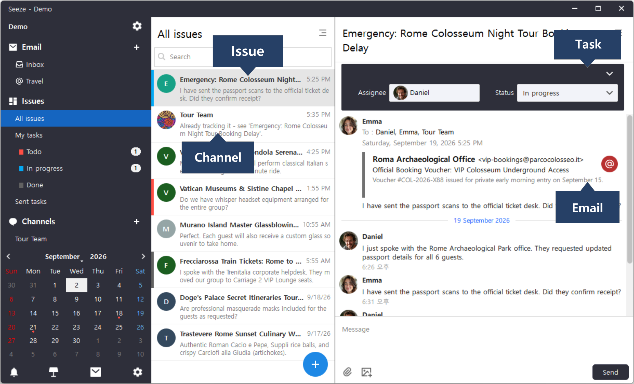 Seeze Issue details view connecting a Channel, an Issue, a Task, and an Email in one screen