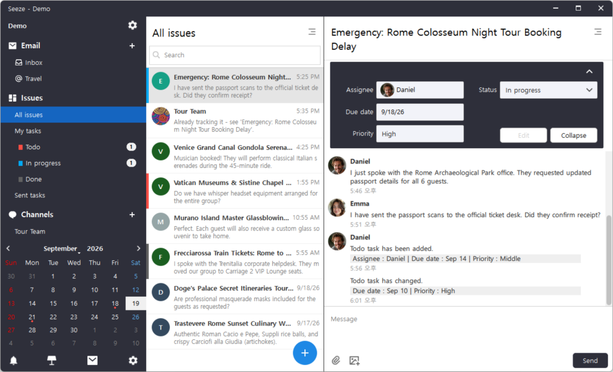 Seeze Issue Thread with an attached Task showing assignee, due date, priority, and status, beside the My Tasks and Sent Tasks sidebar